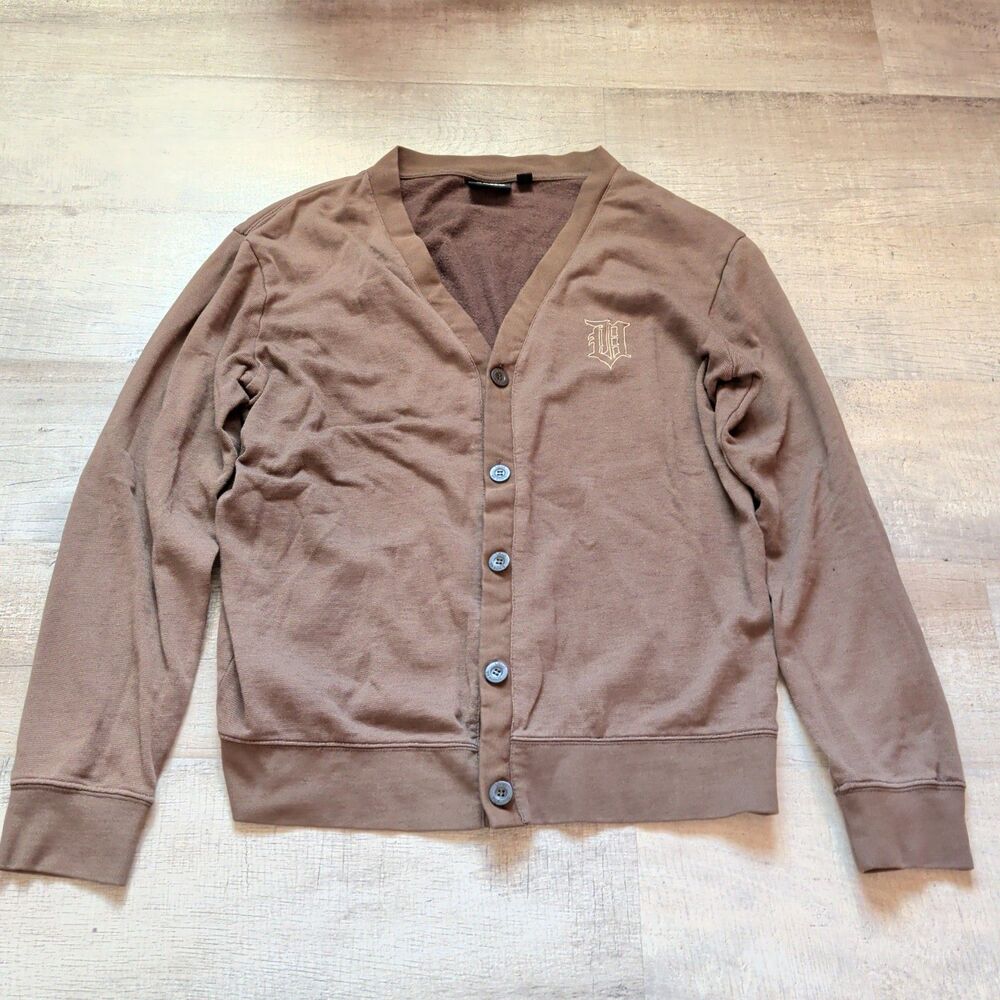 VANS Old English V Brown Monogram Embroidered Preppy Cardigan Men Sweater Size M